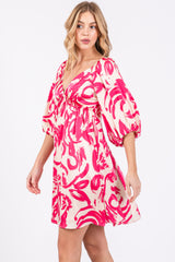 Fuchsia Printed Bubble Sleeve Sweetheart Dress