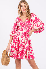 Fuchsia Printed Bubble Sleeve Sweetheart Dress