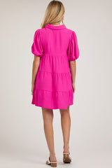 Fuchsia Button Front Tiered Collared Maternity Dress