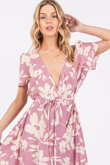 Pink Floral V Neck High Low Dress