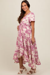 Pink Floral V Neck High Low Maternity Dress