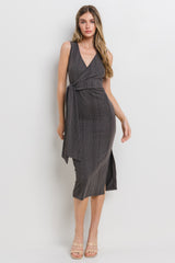 Charcoal Ribbed Wrap Maternity Midi Dress