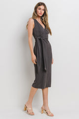 Charcoal Ribbed Wrap Midi Dress