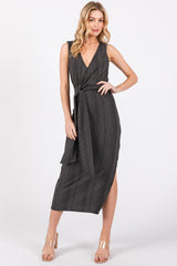 Charcoal Ribbed Wrap Midi Dress