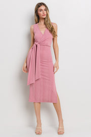 Mauve Ribbed Wrap Midi Dress