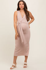 Taupe Ribbed Wrap Maternity Midi Dress