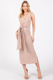 Taupe Ribbed Wrap Midi Dress