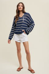 Navy Striped Open Knit Hooded Long Sleeve Top