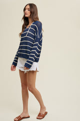 Navy Striped Open Knit Hooded Long Sleeve Top