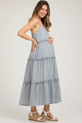 Blue Gingham Ruffle Tiered Maternity Midi Dress