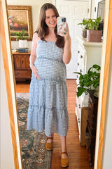 Blue Gingham Ruffle Tiered Maternity Midi Dress