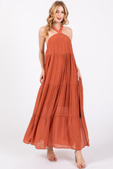 Rust Halter Tiered Maternity Maxi Dress