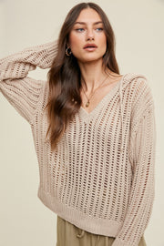 Taupe Open Knit Hooded Sweater