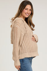 Taupe Open Knit Maternity Hooded Sweater