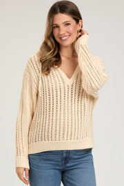 Beige Open Knit Maternity Hooded Sweater