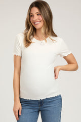 White Ribbed Fitted Lettuce Trim Maternity Top