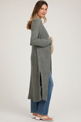 Gray Knit Side Slit Long Maternity Cardigan