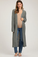 Gray Knit Side Slit Long Maternity Cardigan