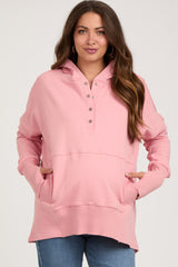 Pink Button Front Ribbed Trim Maternity Hooded Sweatshirt