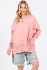 Pink Button Front Ribbed Trim Maternity Hooded Sweatshirt