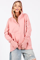 Pink Button Front Ribbed Trim Hooded Sweatshirt