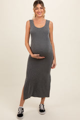 Charcoal Ribbed Side Slit Maternity Maxi Dress