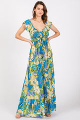 Blue Floral Smocked Off Shoulder Maternity Maxi Dress