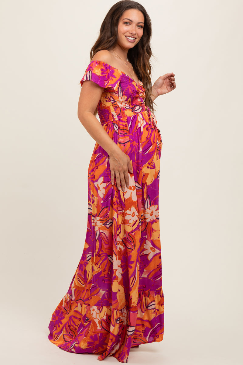 Coral Floral Smocked Off Shoulder Maternity Maxi Dress – PinkBlush