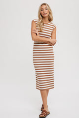 Mocha Striped Sleeveless Maternity Midi Dress