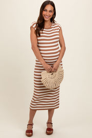 Mocha Striped Sleeveless Maternity Midi Dress