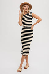 Black Striped Sleeveless Maternity Midi Dress