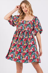 Black Floral Puff Sleeve Dress