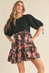 Black Multi Floral Boucle Mini Dress