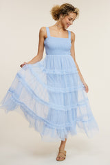 Light Blue Smocked Ruffle Tiered Tulle Maternity Midi Dress