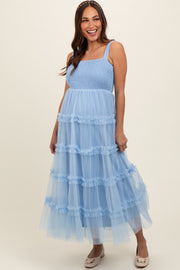 Light Blue Smocked Ruffle Tiered Tulle Maternity Midi Dress