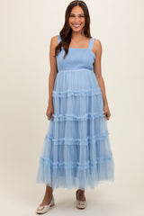 Light Blue Smocked Ruffle Tiered Tulle Maternity Midi Dress