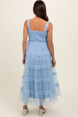 Light Blue Smocked Ruffle Tiered Tulle Maternity Midi Dress