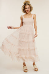 Beige Smocked Ruffle Tiered Tulle Maternity Midi Dress