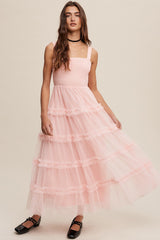 Light Pink Smocked Ruffle Tiered Tulle Maternity Midi Dress