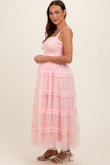 Light Pink Smocked Ruffle Tiered Tulle Maternity Midi Dress