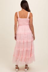 Light Pink Smocked Ruffle Tiered Tulle Maternity Midi Dress