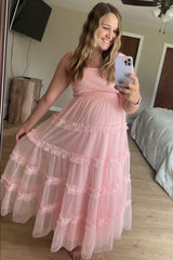 Light Pink Smocked Ruffle Tiered Tulle Maternity Midi Dress