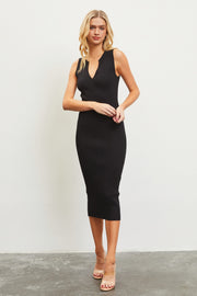 Black V-Neck Knit Midi Dress