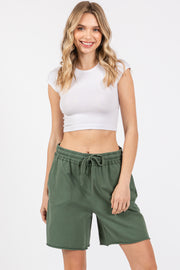 Olive Green Raw Hem Drawstring Shorts