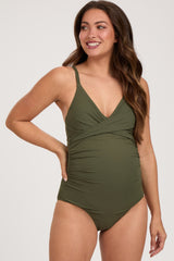 Olive Ribbed V-Neck Ruched Back Cut-Out One Piece Maternity Swimsuit