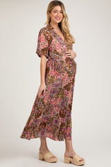 Brown Paisley Print Collared Button Down Maternity Maxi Dress