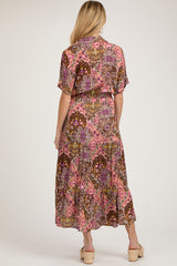 Brown Paisley Print Collared Button Down Maternity Maxi Dress