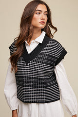 Black Plaid V-Neck Cropped Sweater Vest