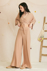 Mocha Ribbed Foldover Waist Wide Leg Pants