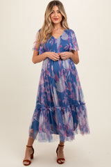 Blue Leaf Print Mesh Smocked Maternity Midi Dress